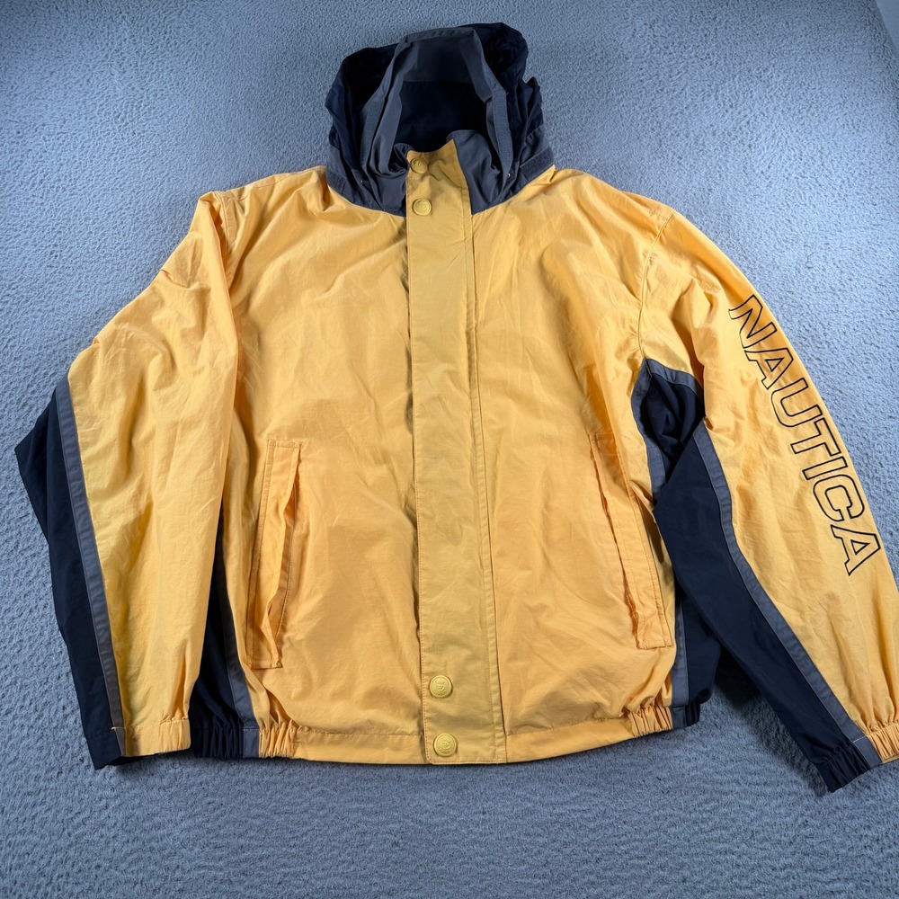 VTG Nautica Sailing Windbreaker Jacket Mens XL Yellow Navy Blue Colorblock Logo